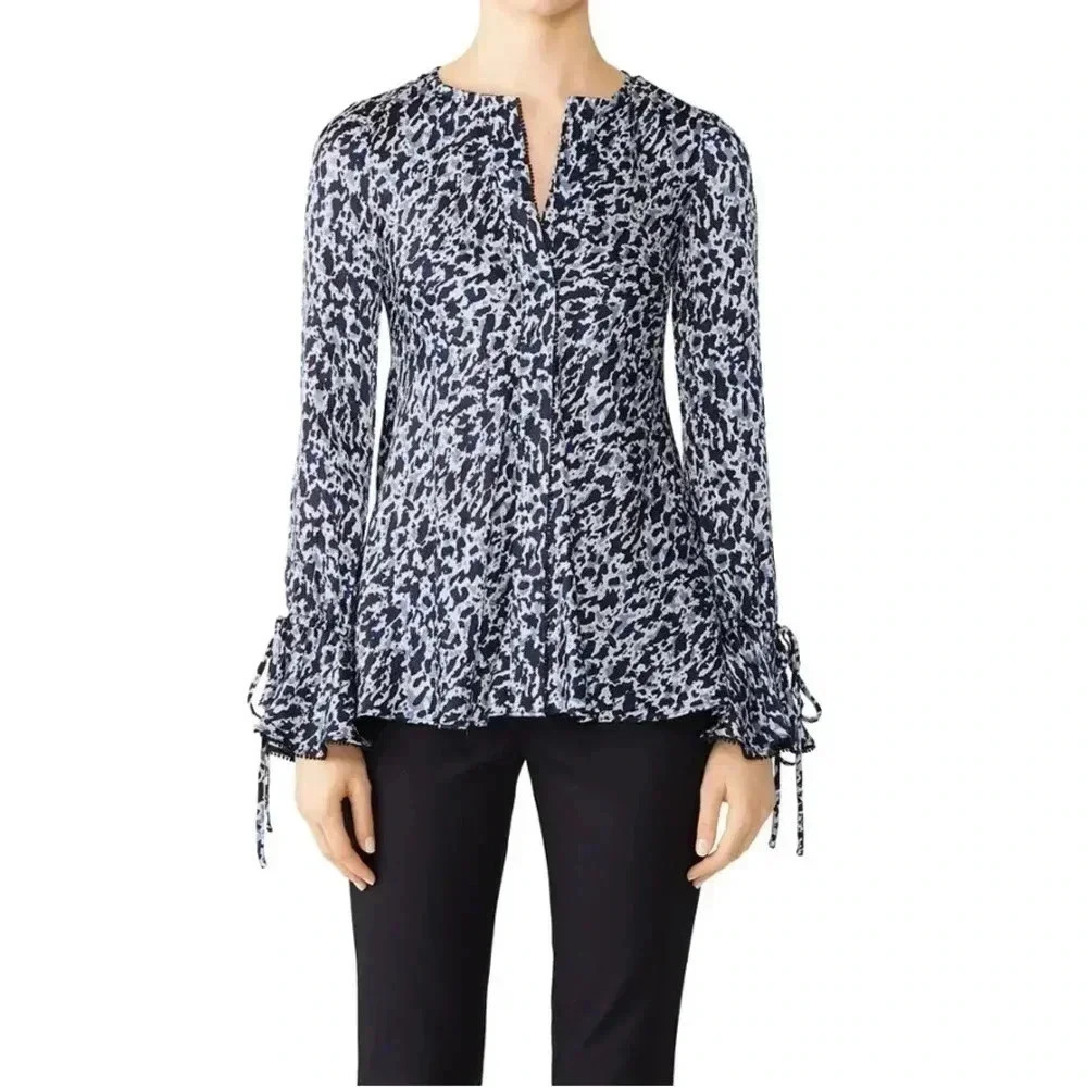 Derek Lam Blue Black Leopard Spotted Womens Button Down Blouse Size 4